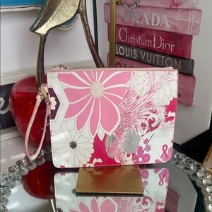 Pink Floral  foux leather wristlet bag